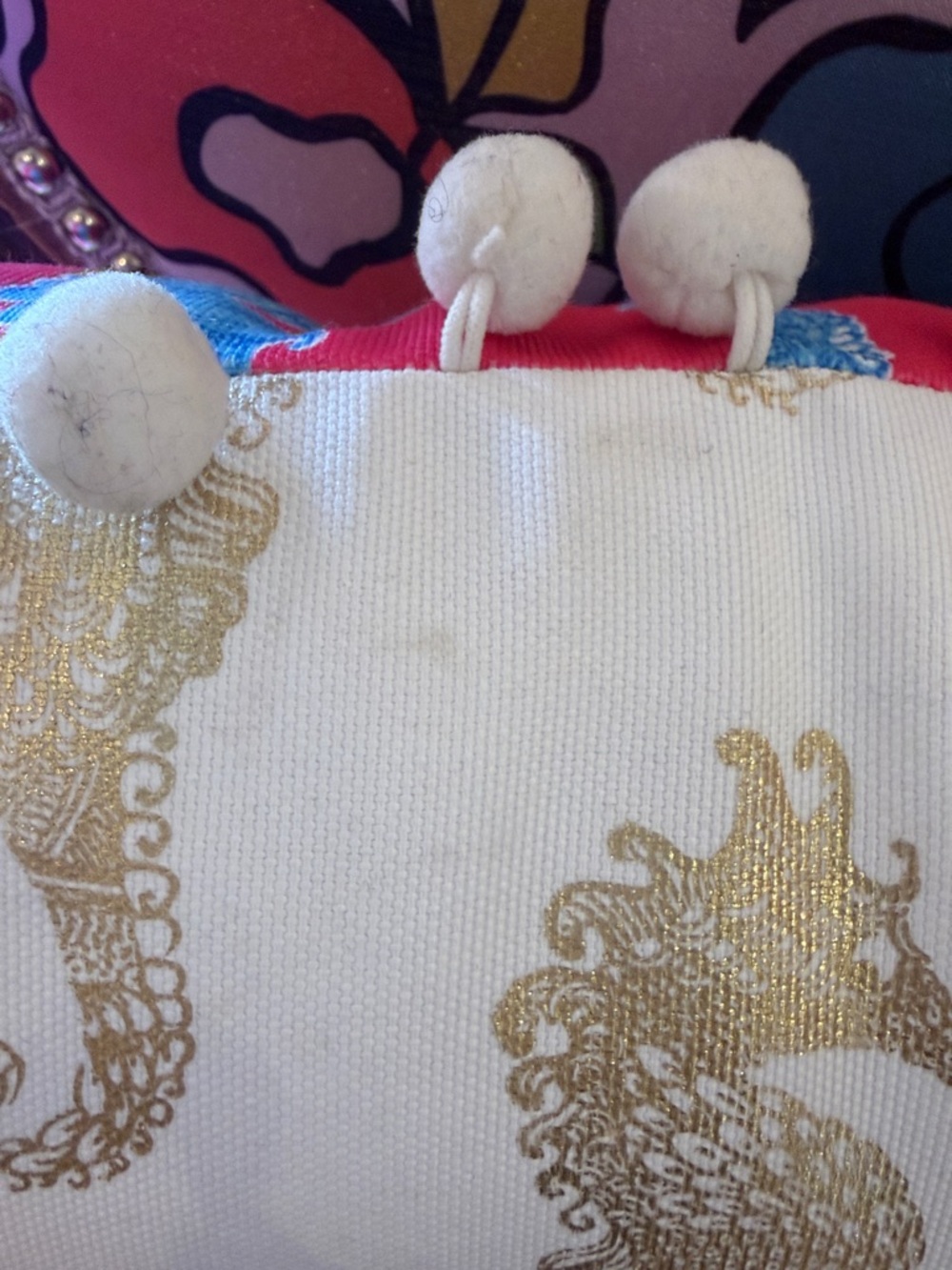 Lilly Pulitzer Pink Pillow with Blue Seahorse Motif and pompon fringe - Picture 5 of 7